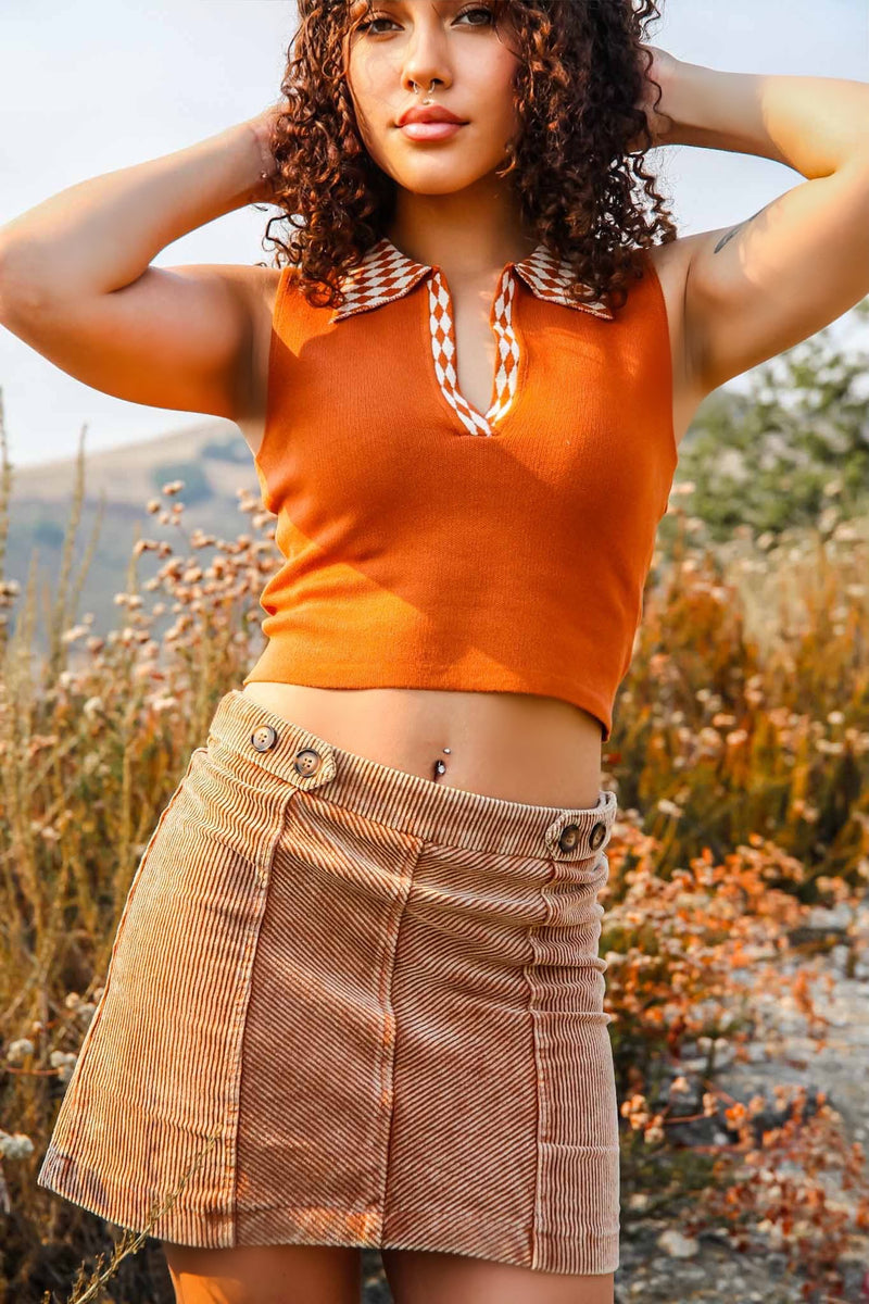 checkered crop top and corduroy skirt