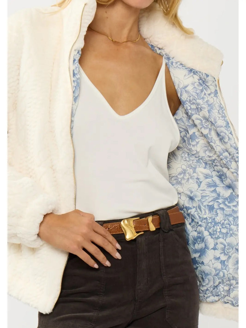Cloud Nine Faux Fur Zip Up Contrast Lining- Ivory/Blue