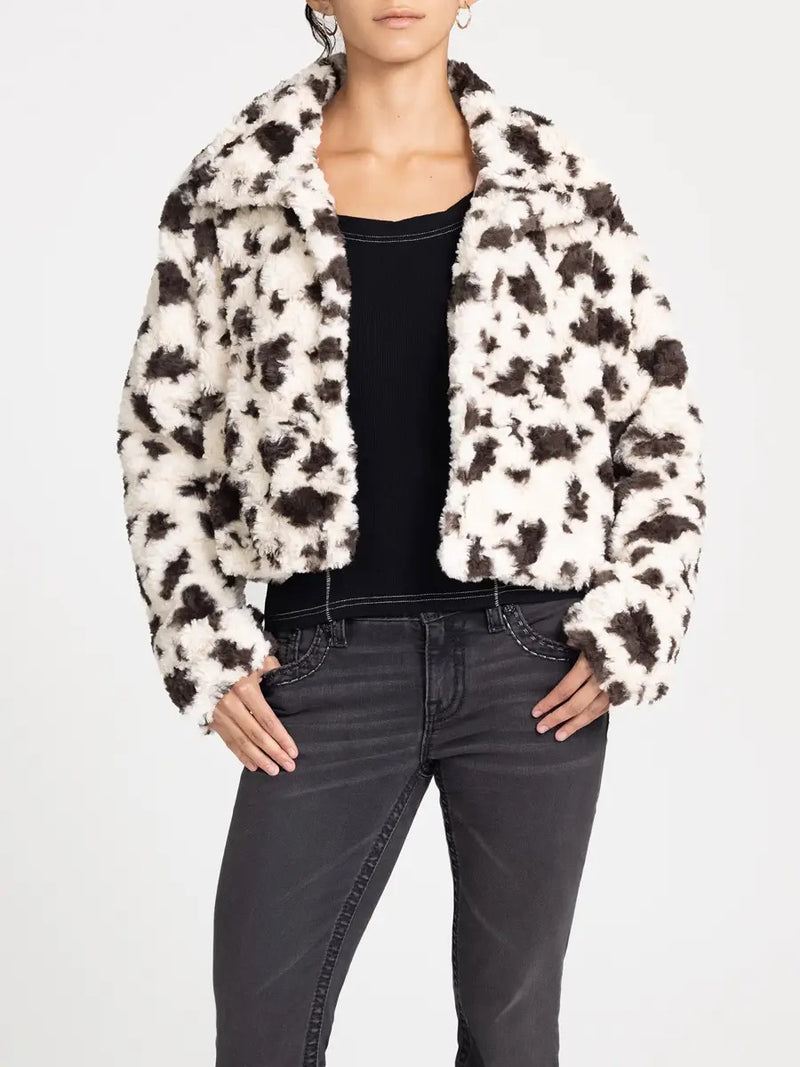 Western Charm Cow Print Faux Fur Coat - Black/White