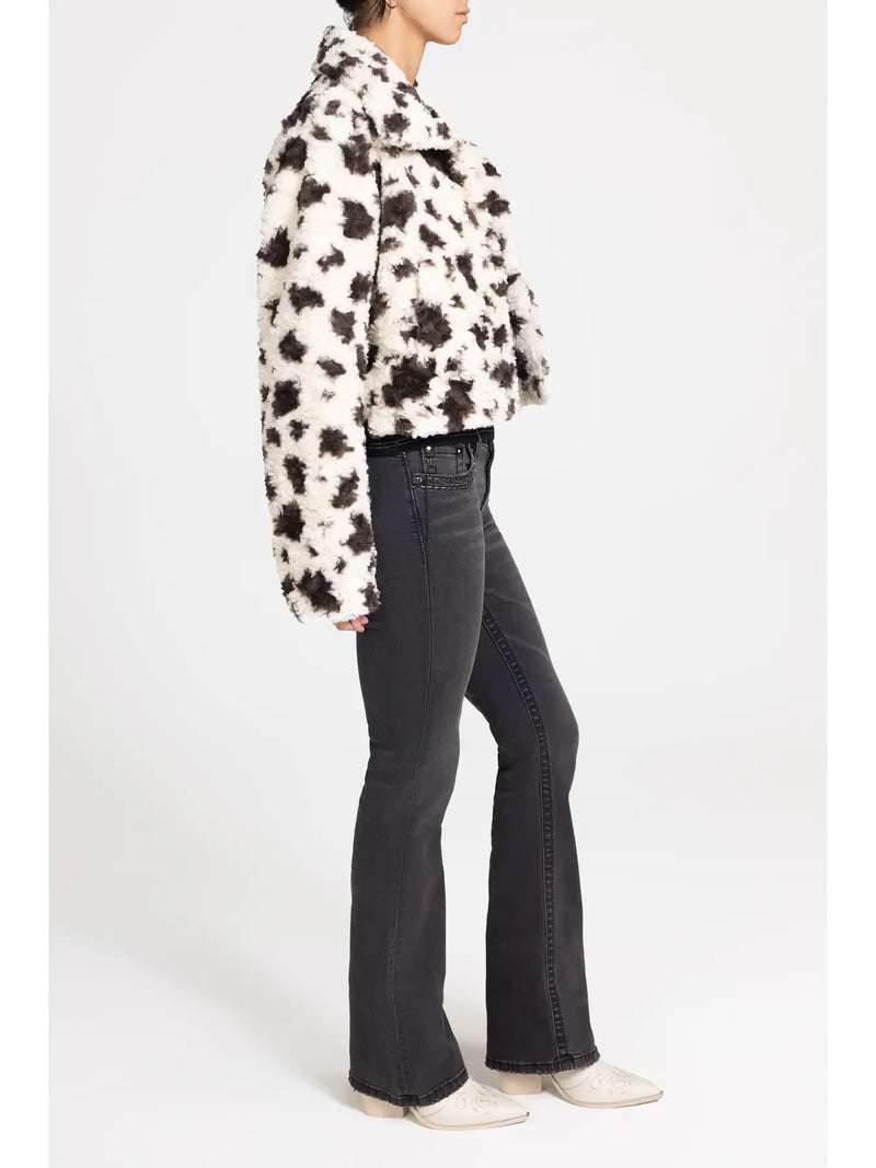 Western Charm Cow Print Faux Fur Coat - Black/White