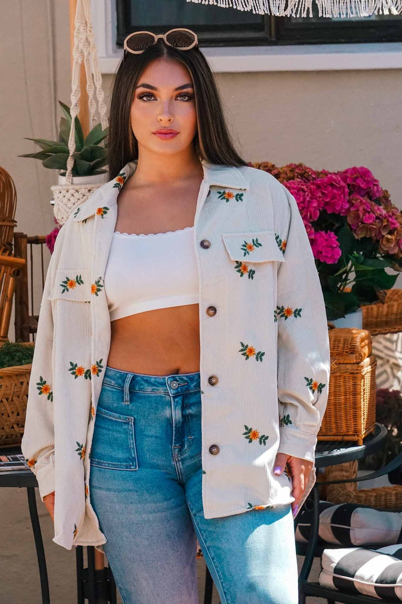 Autumn Blossom Embroidered Shacket - Eggshell