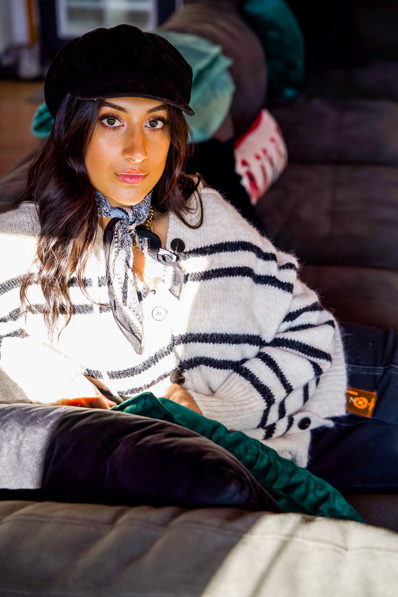 Snow Day Button Up Stripe Hooded Cardigan - Cream/Black