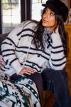 Snow Day Button Up Stripe Hooded Cardigan - Cream/Black