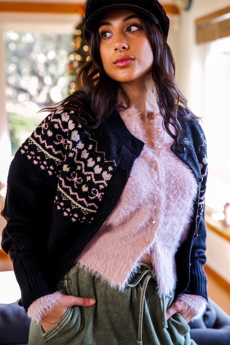 Love Always Fair Isle Pattern Button Up Knit Sweater- Black