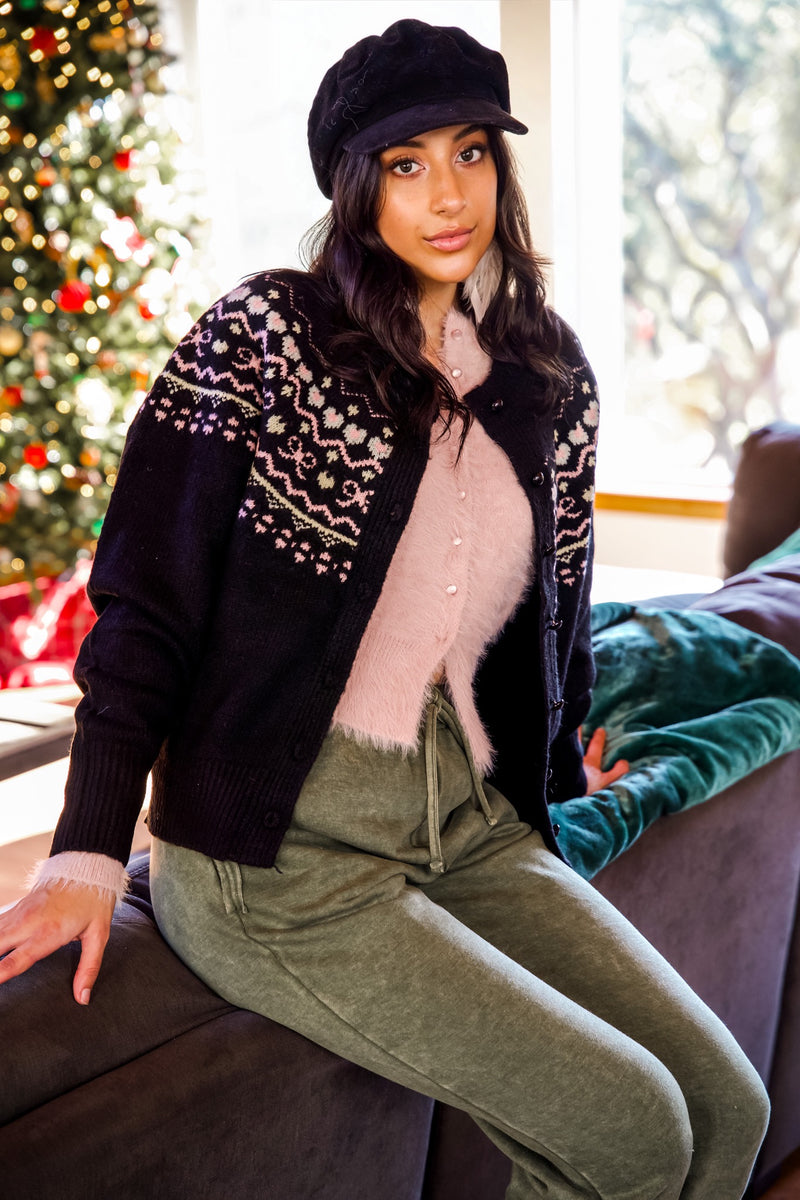 Love Always Fair Isle Pattern Button Up Knit Sweater- Black