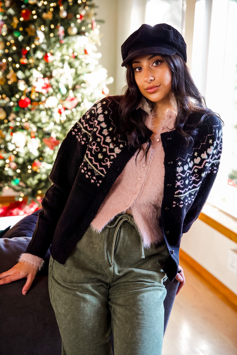 Love Always Fair Isle Pattern Button Up Knit Sweater- Black