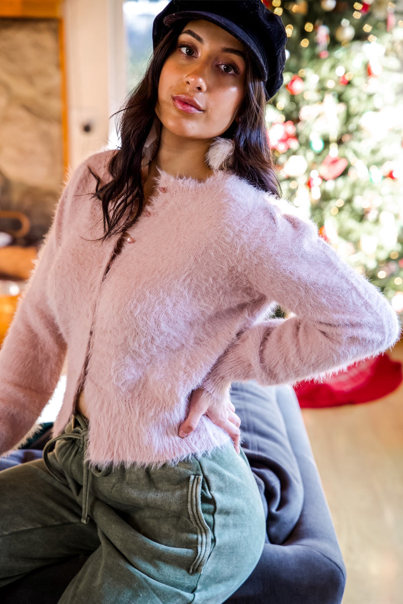 Christmas Fairy Crew Neck Long Sleeve Button Down Fuzzy Cardigan- Dusty Pink
