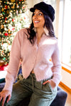Christmas Fairy Crew Neck Long Sleeve Button Down Fuzzy Cardigan- Dusty Pink