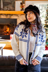 Bluebird Lodge Button Down Snow Flake Graphic Sweater- White/Blue