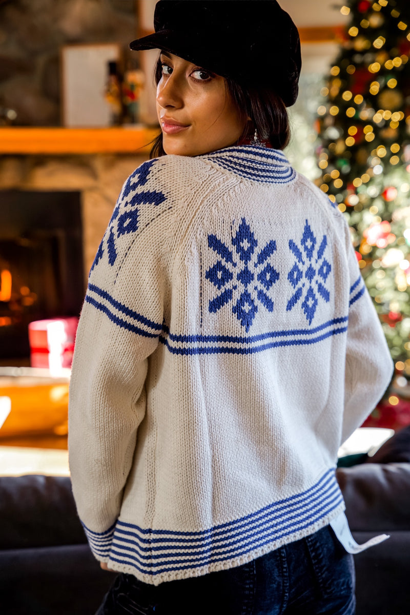 Bluebird Lodge Button Down Snow Flake Graphic Sweater- White/Blue