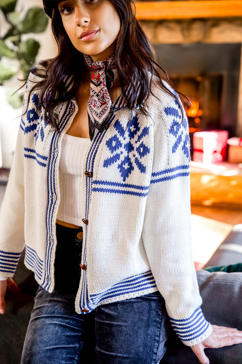 Bluebird Lodge Button Down Snow Flake Graphic Sweater- White/Blue