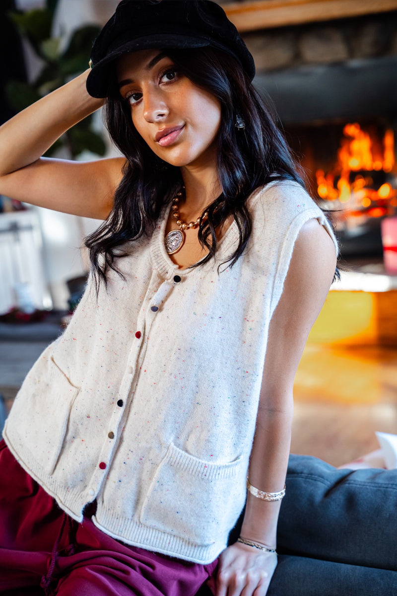 Gumdrop Button Up Funfetti Sleeveless Top  - Cream