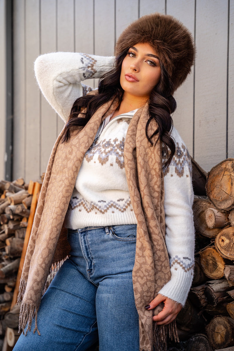 Winter Wonderland Half Zip Fair Isle Pattern Pullover - Cream/Multi