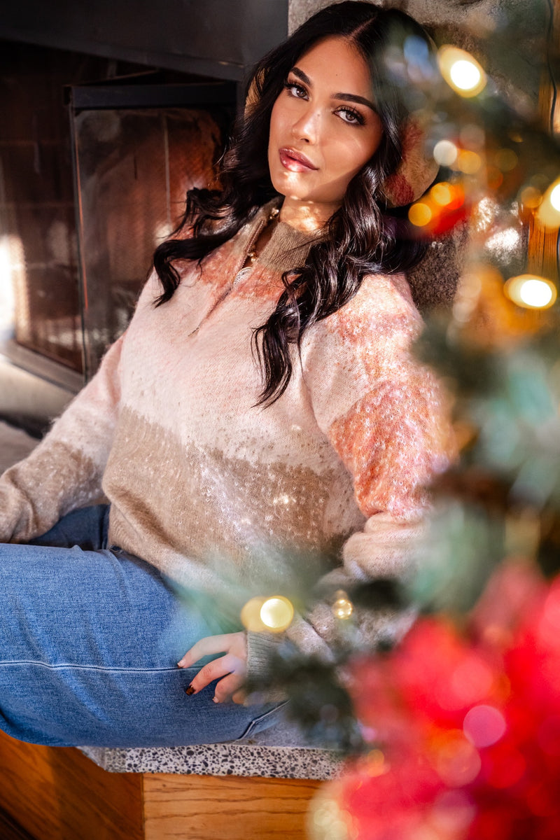 Maplewood Quarter Zip Crew Neck Three Tone Knit Sweater - Peach/Multi