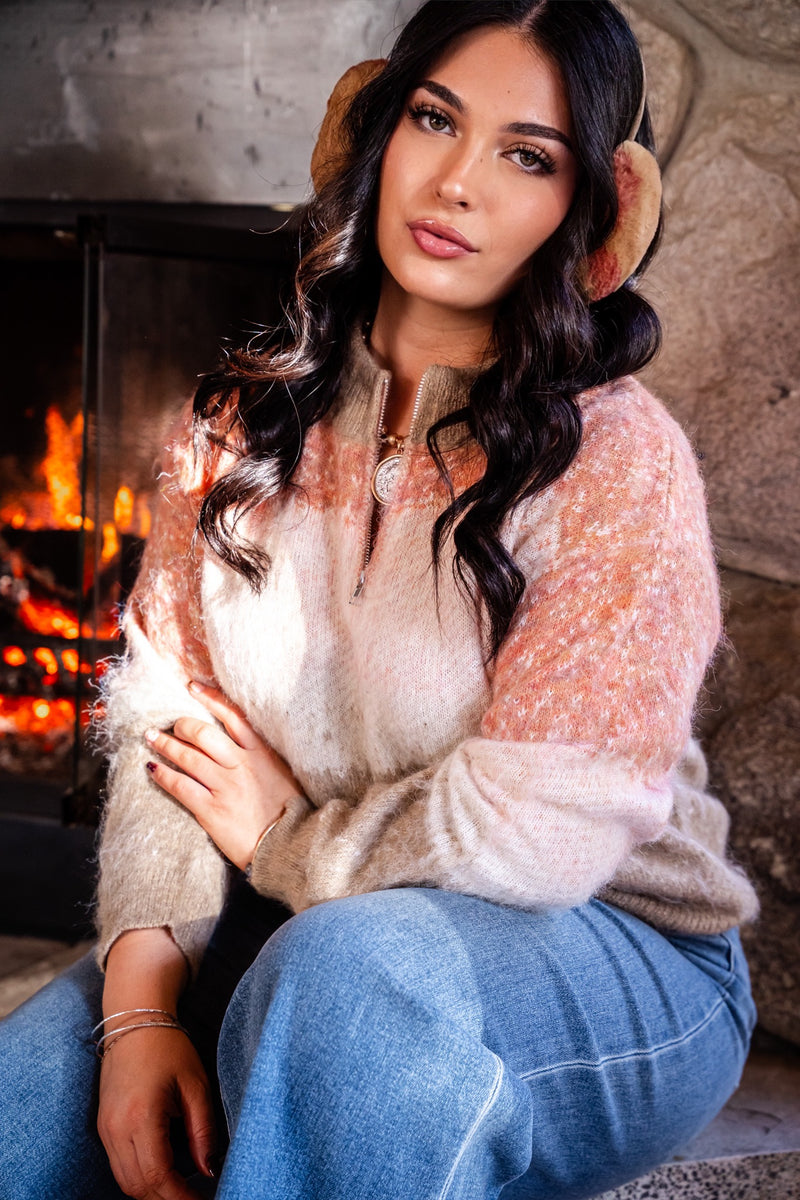 Maplewood Quarter Zip Crew Neck Three Tone Knit Sweater - Peach/Multi