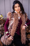 Cabin Fever Floral Jacquard Faux Fur Trim Vest- Brown/Multi