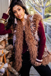 Cabin Fever Floral Jacquard Faux Fur Trim Vest- Brown/Multi