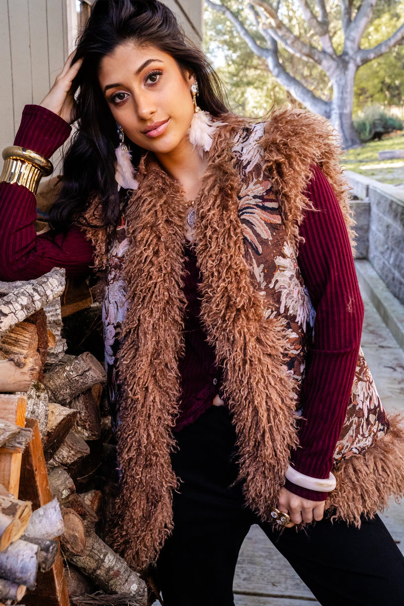 Cabin Fever Floral Jacquard Faux Fur Trim Vest- Brown/Multi