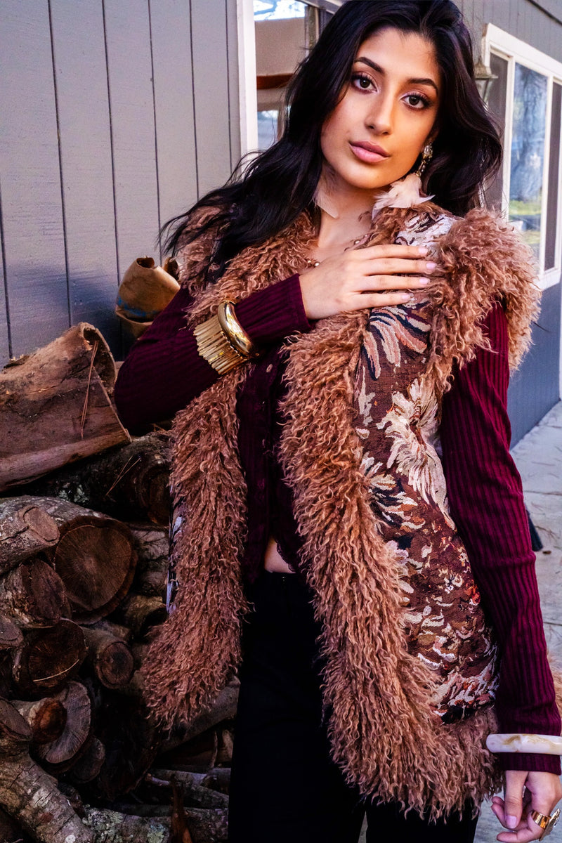 Cabin Fever Floral Jacquard Faux Fur Trim Vest- Brown/Multi