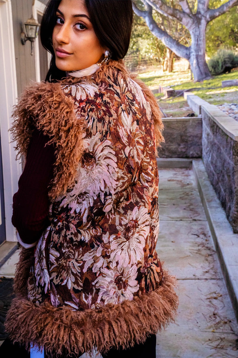 Cabin Fever Floral Jacquard Faux Fur Trim Vest- Brown/Multi