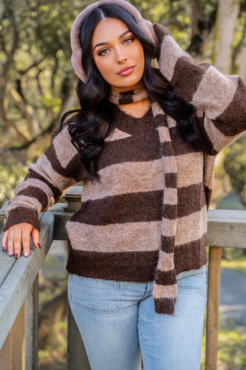 Cocoa Crush V-Neck Stripe Knit Sweater Scarf Set - Mocha