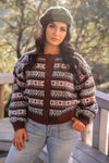 Peppermint Mocha Round Neck Long Sleeve Button Up Graphic Cardigan- Brown/Multi