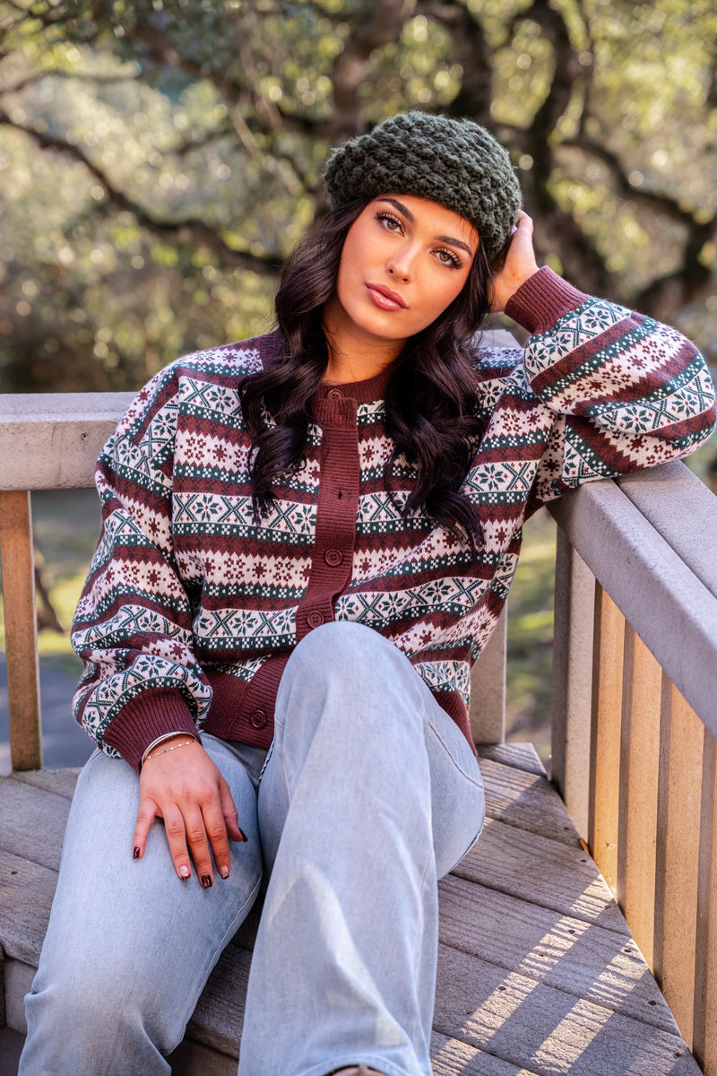 Peppermint Mocha Round Neck Long Sleeve Button Up Graphic Cardigan- Brown/Multi