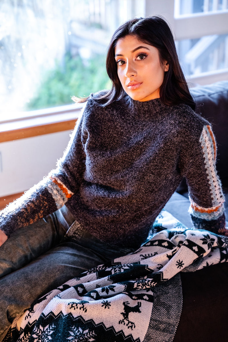 Hit The Slopes Mock Neck Crochet Detail Knit Sweater - Gray/Multi