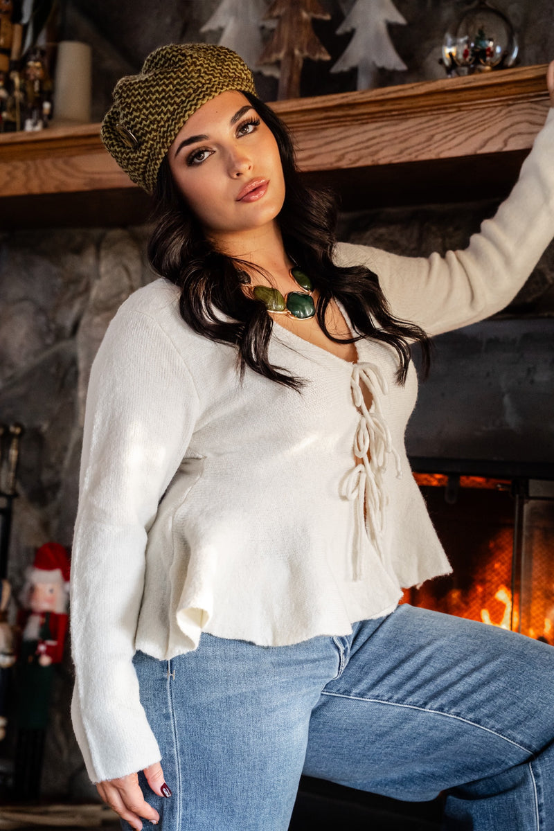 First Frost Tie Front Knit Sweater- Ivory