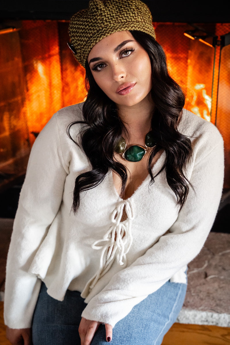 First Frost Tie Front Knit Sweater- Ivory