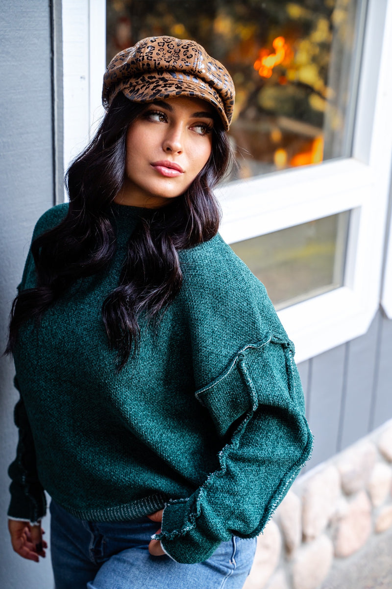 Loving You Is Fun Chenille Mock Neck Knit Sweater W/ Fray Hem - Hunter