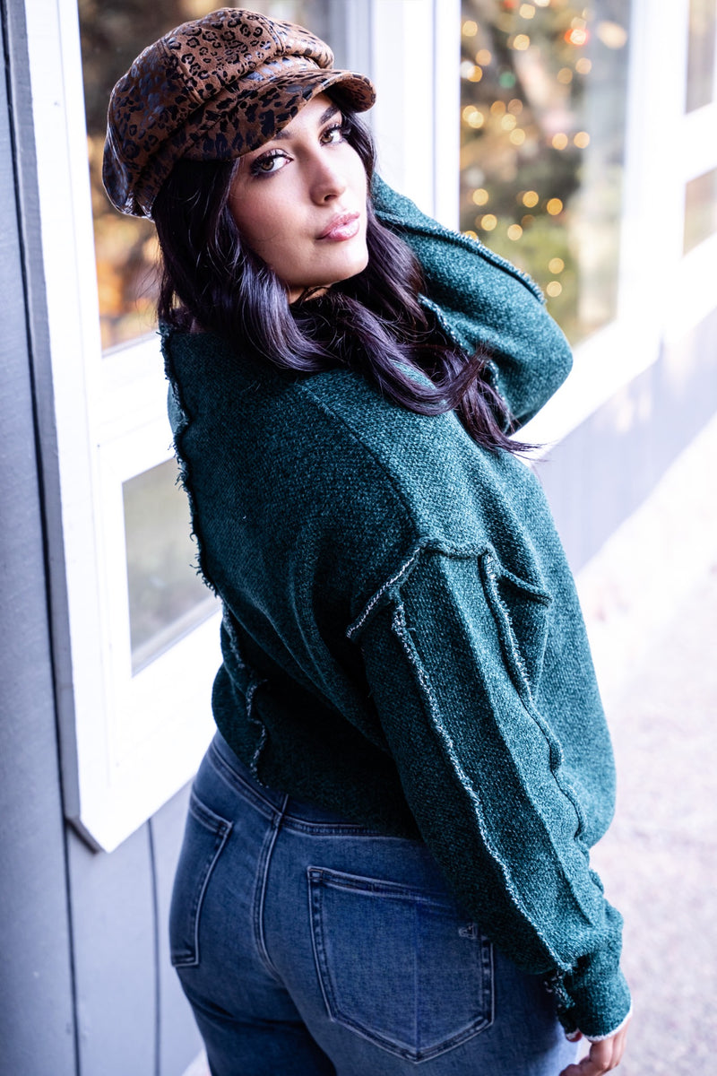 Loving You Is Fun Chenille Mock Neck Knit Sweater W/ Fray Hem - Hunter