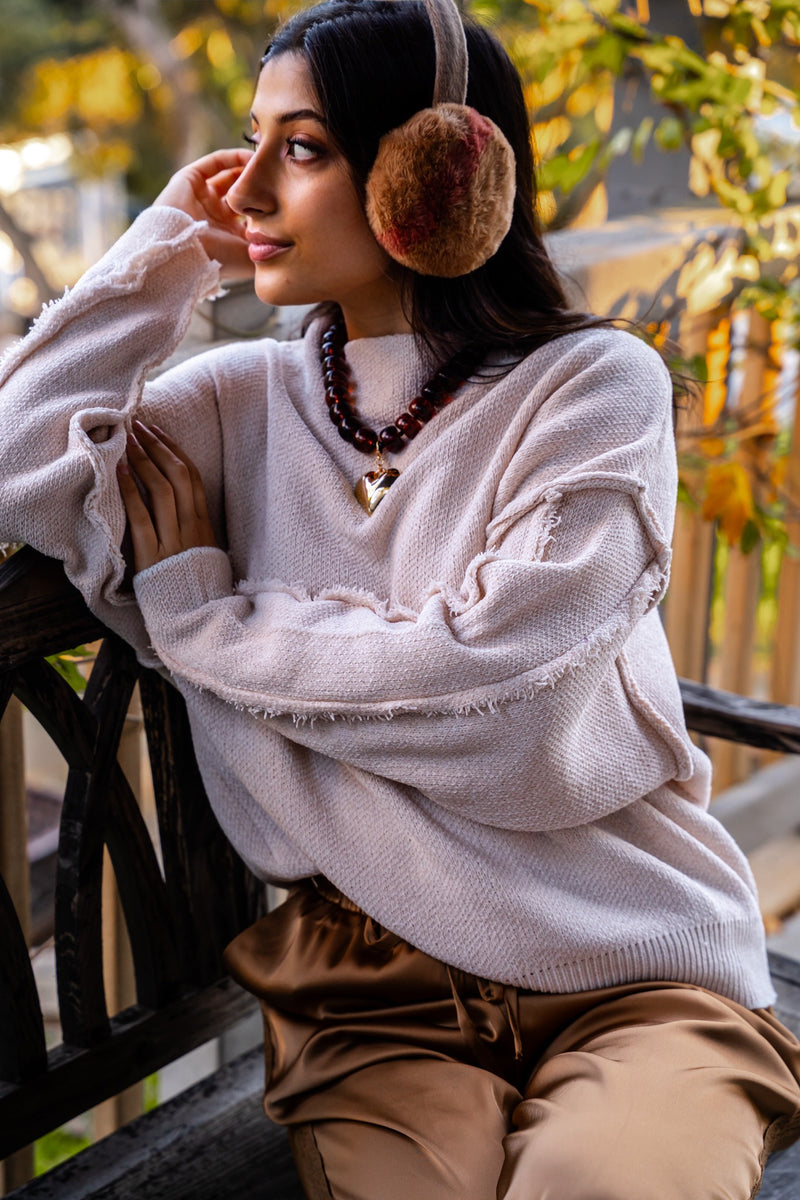 Divine Pines Chenille Mock Neck Knit Sweater W/ Fray Hem - Sand