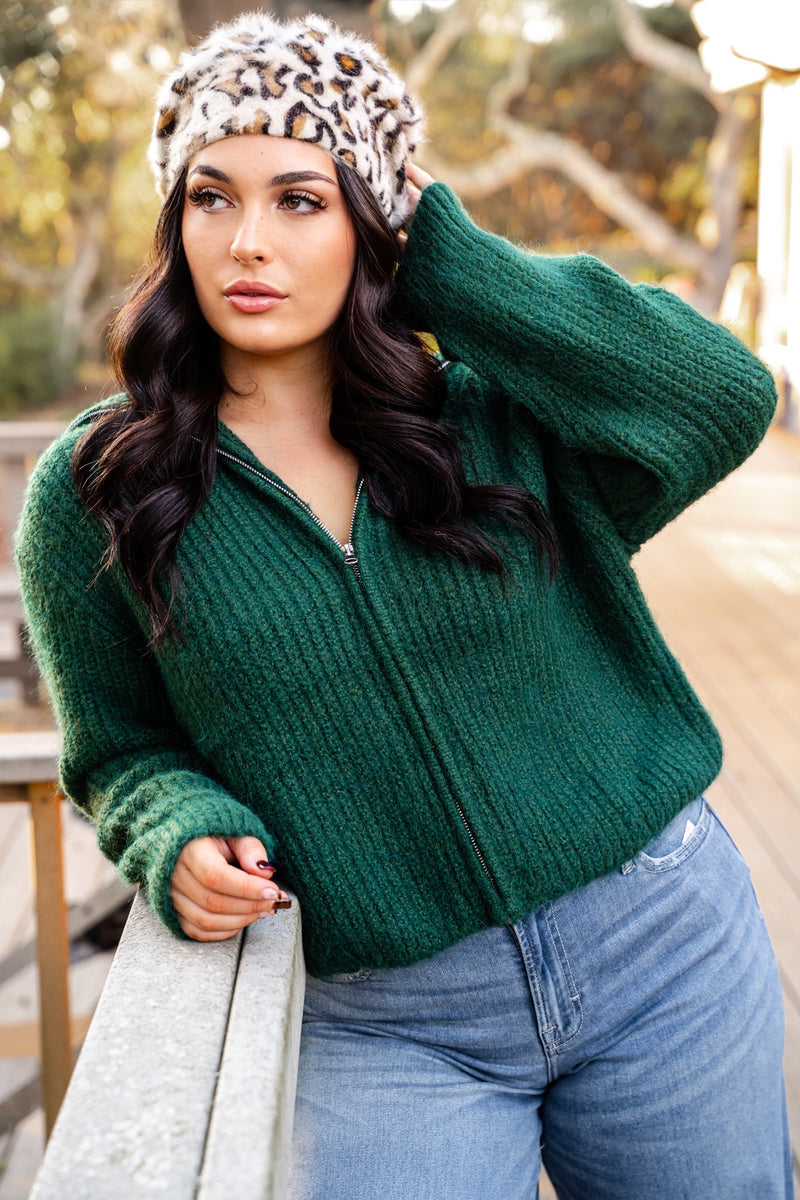 Divine Pines Fuzzy Knit Quarter Zip Turtleneck Sweater- Hunter