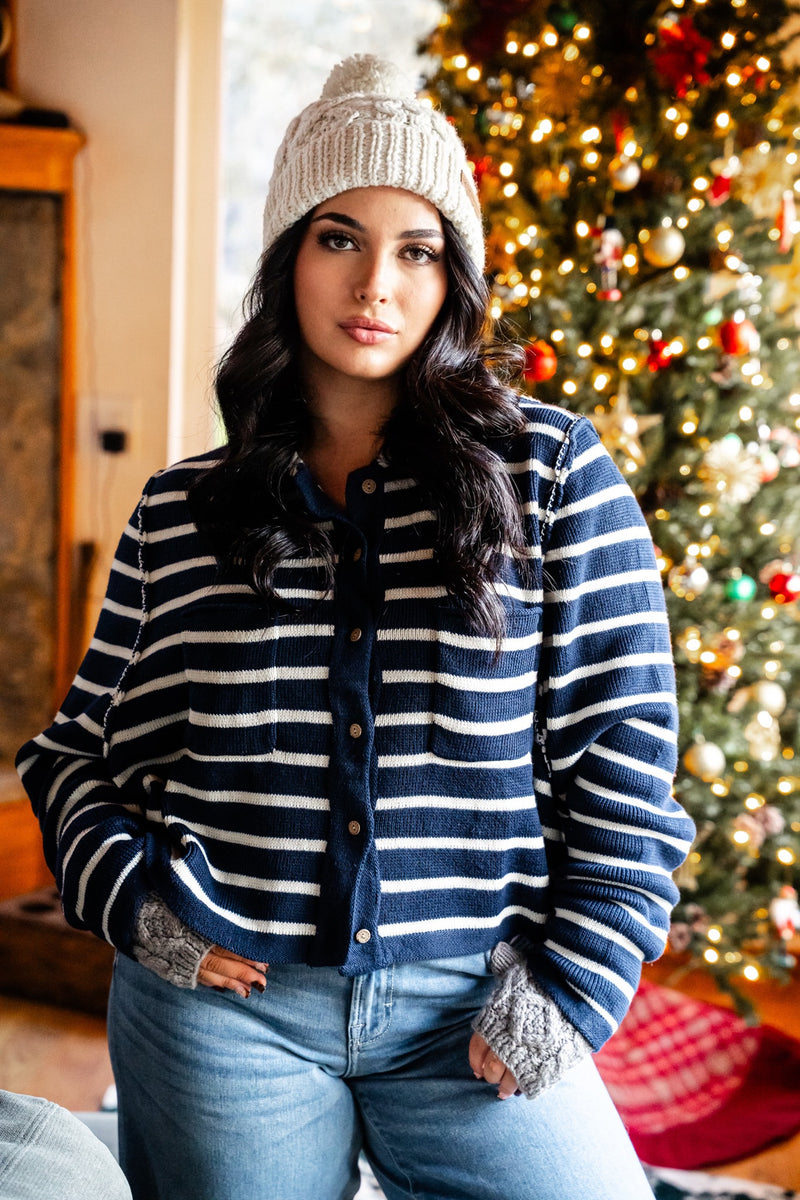 Cloudberry Stripe Button Up Knit Cardigan - Navy/Cream
