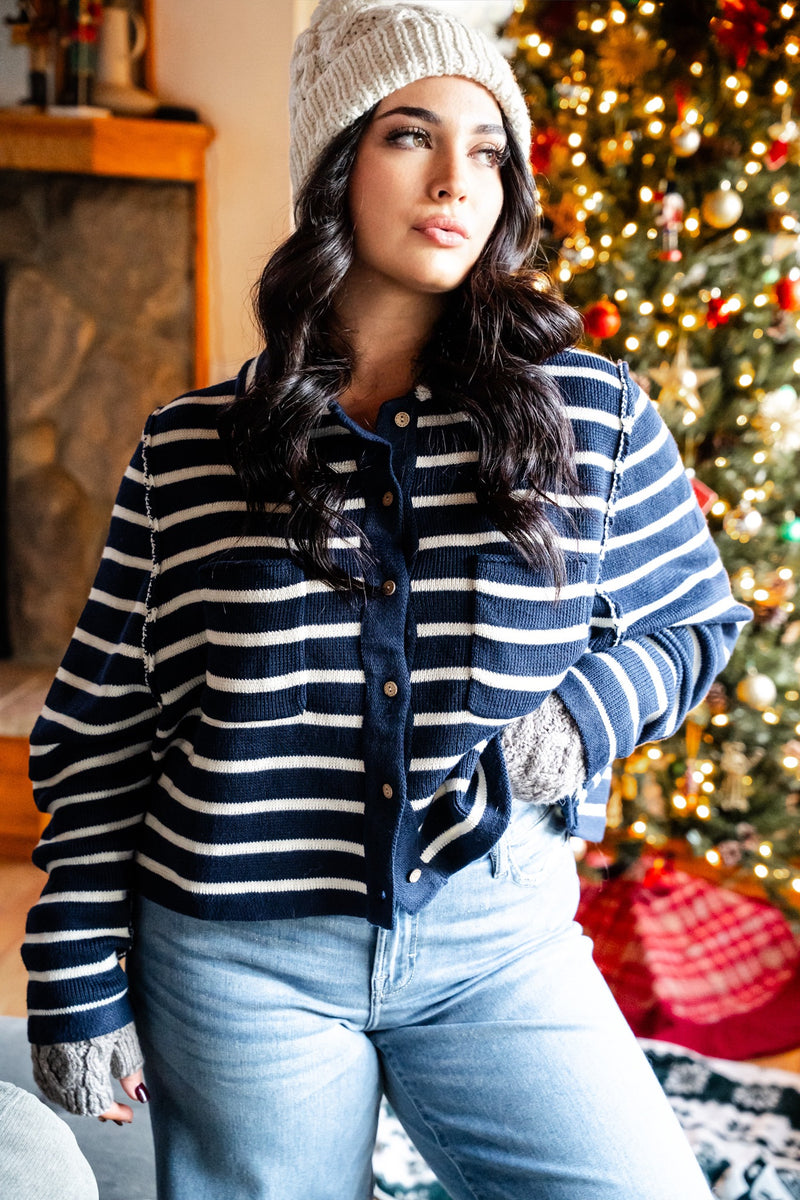 Cloudberry Stripe Button Up Knit Cardigan - Navy/Cream