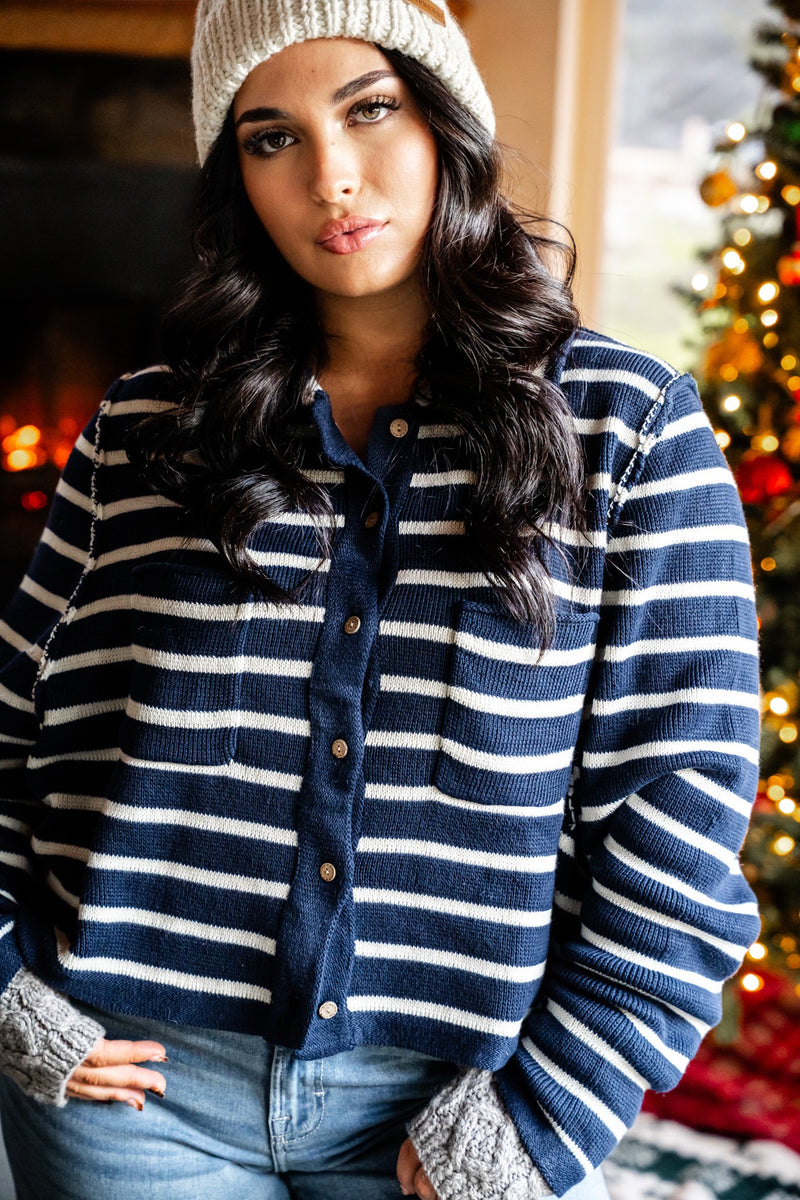 Cloudberry Stripe Button Up Knit Cardigan - Navy/Cream