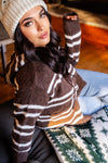 Snow Day Button Up Stripe Hooded Cardigan - Mocha/Cream