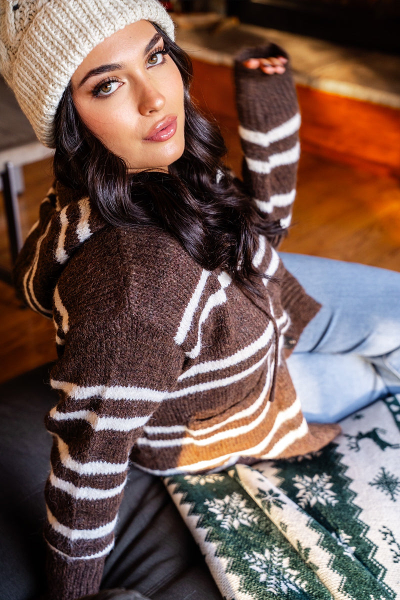 Snow Day Button Up Stripe Hooded Cardigan - Mocha/Cream