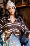 Snow Day Button Up Stripe Hooded Cardigan - Mocha/Cream
