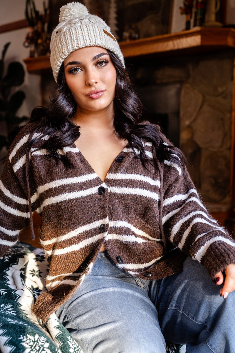 Snow Day Button Up Stripe Hooded Cardigan - Mocha/Cream