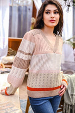 taupe coral and pink striped sweater