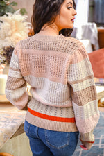 taupe coral and pink striped sweater