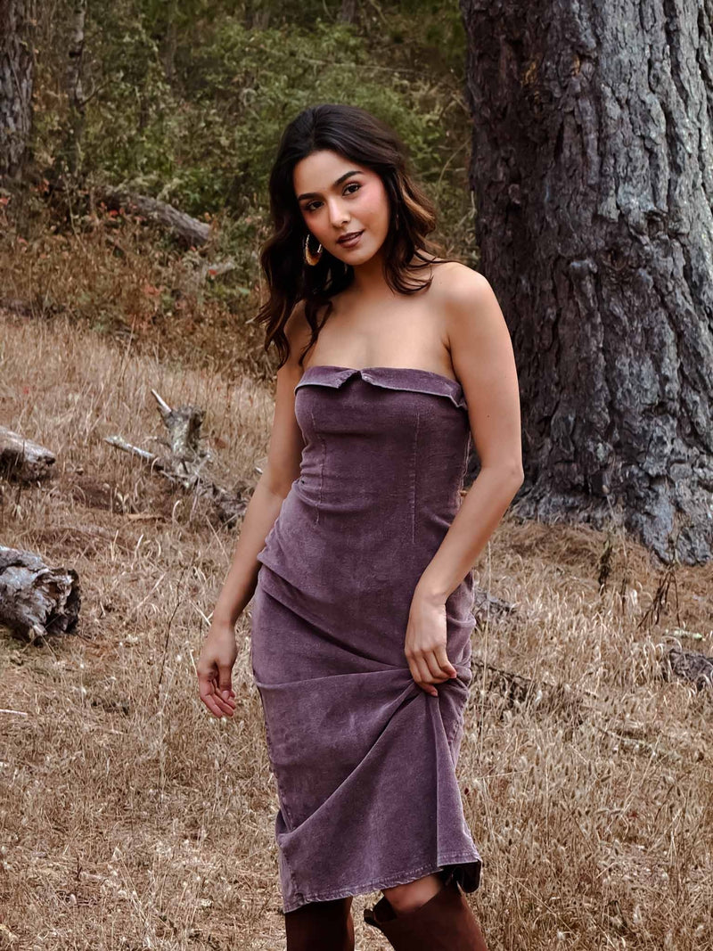 Amethyst Glow Felted Cotton Tube Maxi Dress- Brushed Eggplant