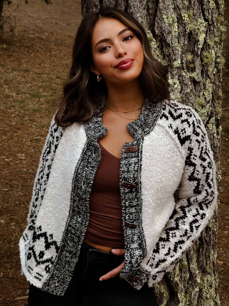 Nordic Trail Boucle Fair Isle Knit Cardigan- Ivory/Black
