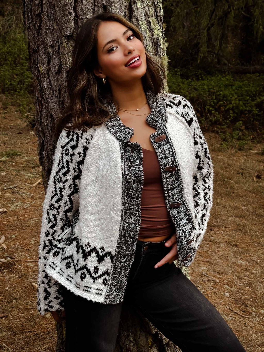 Nordic Trail Boucle Fair Isle Knit Cardigan- Ivory/Black