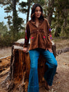Harvest Moon Floral Embroidered Detail Corduroy Top- Brown