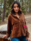 Harvest Moon Floral Embroidered Detail Corduroy Top- Brown
