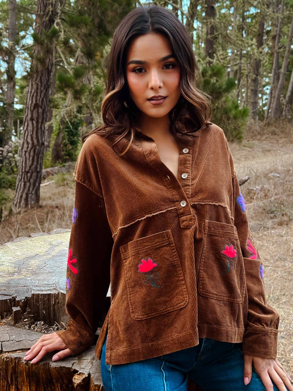 Harvest Moon Floral Embroidered Detail Corduroy Top- Brown