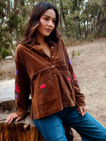 Harvest Moon Floral Embroidered Detail Corduroy Top- Brown